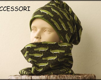 Kids hat beanie loop with crocodile green cotton baby hat warm cozy fleece winter hat