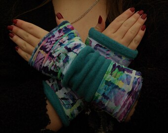 Cuffs Arm Warmers Hand Warmers Fliprs Both Sides Turquoise Polar Fleece Patchwork Viscose Jersey Hand Warmer Cuddly