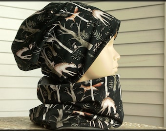 Children's hat beanie loop forest animals deer fox owl hedgehog black brown cotton baby hat warm cuddly fleece winter hat