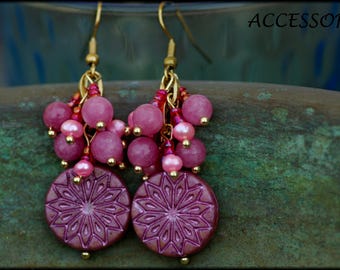 Stainless steel cluster earrings with mandala, bohemian glass beads, rhodochrosite pink freshwater pearls, and seed beads.
