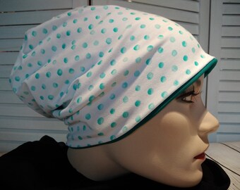 Beanie beanie double hat reversible hat white mint green dotted cotton jersey