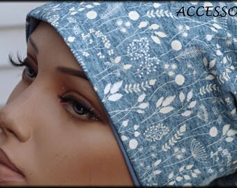Hat Beanie Double Hat Reversible Hat Light Blue White with Dandelions Cotton Jersey
