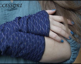 Arm warmers ladies cuffs wrist warmers viscose cotton dark blue iridescent glitter thread