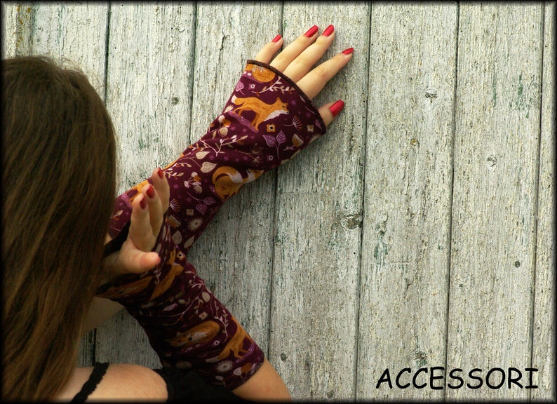 Arm warmers with thumb hole or without cuffs fox orange fleece alpine fleece cuddly purple hand warmers image 2