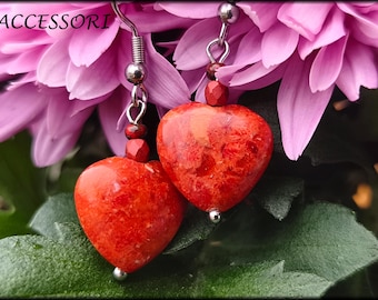 Coral Heart Earrings, Red Stainless Steel