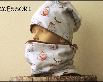 Children's hat beanie loop forest animals deer fox rabbit bear cream white brown cotton baby hat warm cuddly fleece winter hat