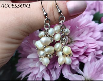 Cluster earrings, freshwater pearls, stainless steel ear hooks