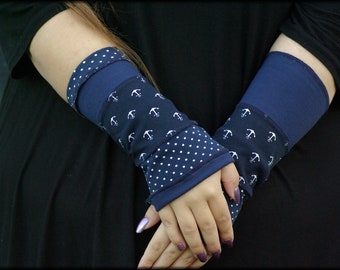 Arm cuffs Hand warmer Hand warmer Pulse warmer Summer cuffs Reversible cuffs dark blue dotted with anchors Patchwork