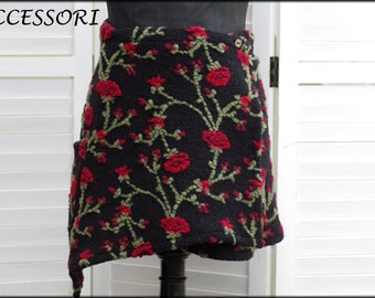 Wrap skirt wool skirt short skirt kidney warmer floral black red with roses mini skirt wool warm