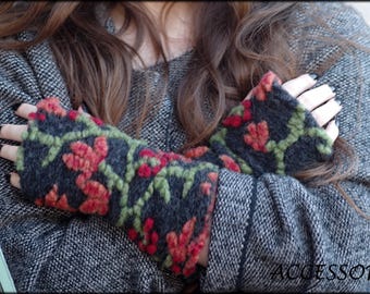Arm warmers, leg warmers, wool hat, beanie, wool, floral, grey, green, red, orange, warmly lined with fleece, cuddly