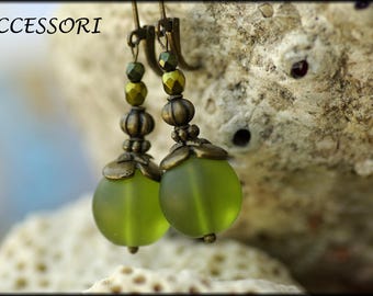 Earrings Bohemian glass beads with sea glass look metal beads vintage style bronze green