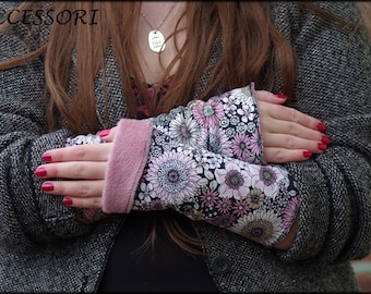 Manchetten Armmanchetten aan beide zijden of met duimgat roze paarse gerbera bloemen alpine fleece handwarmers zacht warm knuffelig