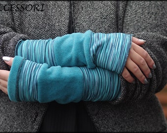 Cuffs arm cuffs hand cuffs reversible cuffs on both sides turquoise light blue striped polar fleece patchwork hand warmers soft warm cuddly