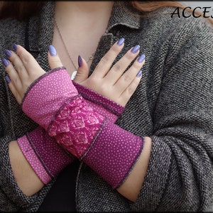 Arm warmers, hand warmers, hand warmers, wrist warmers, summer warmers, reversible warmers, pink purple dotted patchwork image 6