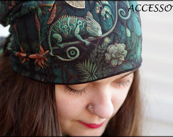 Hat Beanie Double Hat Reversible Hat with Chameleon Emerald Green Floral Retro Pattern Viscose Jersey Cotton Jersey