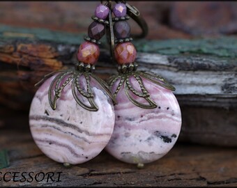 Ohrringe mit Rhodochrosite und böhmischen Glasperlen rosa bronze