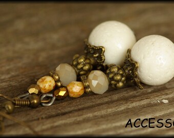 Earrings with coral Bohemian glass beads white cream bronze vintage style
