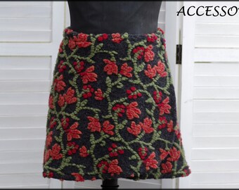 Wrap skirt wool skirt short skirt kidney warmer floral green gray orange mini skirt wool warm