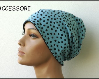 Beanie double hat reversible hat dots light blue black dotted cotton jersey