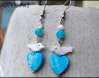 Mother-of-pearl agate earrings, stainless steel, birds, hearts, light blue, white