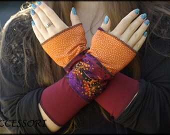 Arm warmers hand warmers wrist warmers summer warmers reversible warmers wine red orange dandelions dotted floral patchwork