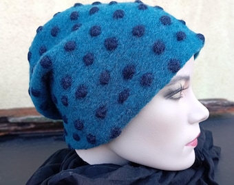 Wool hat beanie wool dotted blue warm lined with fleece cuddly