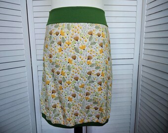Balloon Skirt Jersey Skirt Summer Skirt Green Mustard Yellow Flowered with Dandelions Cotton Jersey Flowered Women's Skirt