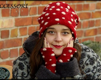 Wool hat, beanie, wrist warmers with thumb hole, felted wool, fly agaric pattern, red and white polka dots, very light and warm