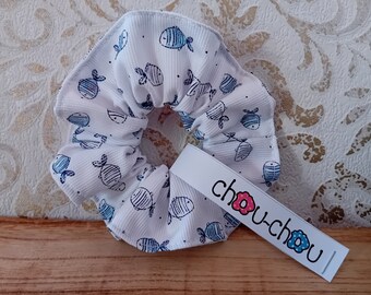 Scrunchie hair tie cotton fish blue white maritime ponytail holder hair accessory