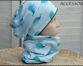 Children's hat beanie loop light blue turquoise petrol whale cotton baby hat