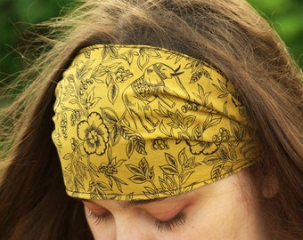 Hairband, bandana, hair accessory, mustard yellow, black, silk, cotton, summery with elephants and flowers, floral