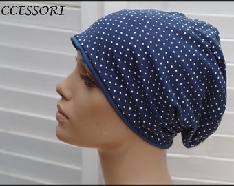 Beanie hat double hat reversible hat dots dark blue white dots cotton jersey