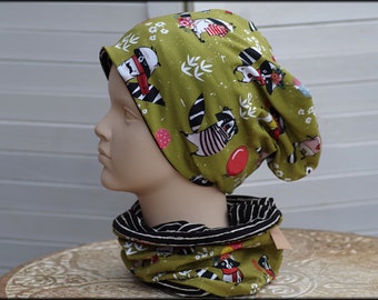 Children's hat Beanie Loop green with raccoon black and white striped cotton baby hat