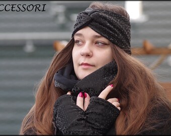 Arm warmers loop headband black grey hand warmers holographic iridescent made of softshell spinning top dots warm elastic elegant