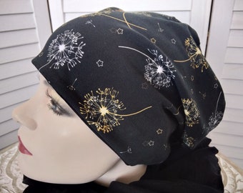 Beanie Beanie Double Cap Reversible Cap Black White Mustard Yellow with Dandelions Flowered Cotton Jersey