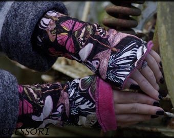 Cuffs arm warmers double-sided or with thumb hole black pink dragonflies butterflies alpine fleece hand warmers soft warm cuddly