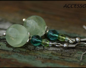 Fluorite earrings, mint green, Bohemian glass beads, stainless steel drop earrings, ear jewelry
