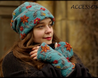 Wool leg warmers, beanie, turquoise and orange floral pattern, warm fleece lining, cozy