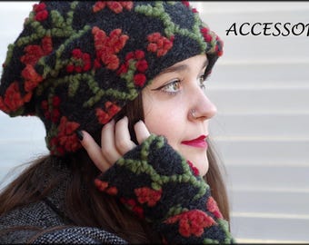 Wool hat, beanie, wool, floral, grey, green, red, orange, warmly lined with fleece, cuddly