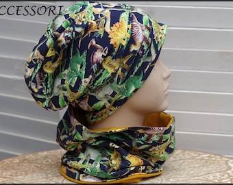 Children's hat beanie loop with dinosaurs Dinosauria dark blue green yellow cotton baby hat warm cuddly fleece winter hat