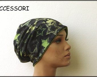 Cap beanie double cap reversible cap black green stars cotton jersey