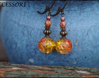 Yellow orange earrings with Czech glass beads crackle beads bronze earrings