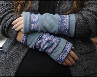 Cuffs arm cuffs hand cuffs reversible cuffs on both sides light blue floral with mandala polar fleece patchwork hand warmers soft warm cuddly