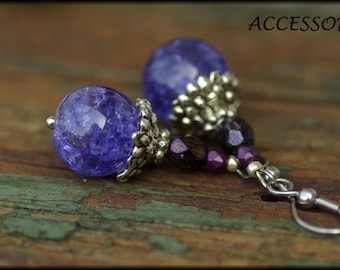 Earrings with purple crackle beads and Czech glass beads made of stainless steel