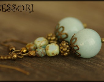 Earrings in vintage style with Amazonite Bohemian glass beads light blue bronze nickel-free