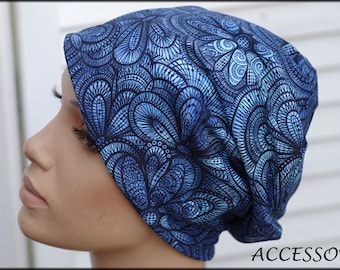 Hat Beanie Double Hat Reversible Hat Dark Blue Mandala Floral Cotton Jersey