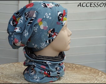 Children's hat Beanie Loop blue with raccoon black and white striped cotton baby hat