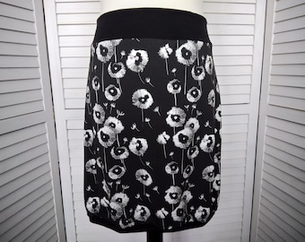 Balloon skirt jersey skirt summer skirt black white with dandelions cotton jersey flowered women's skirt