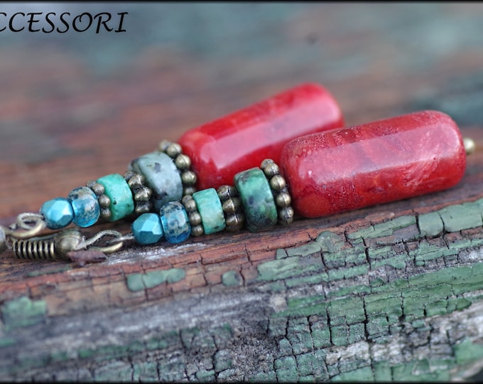 Featured listing image: Red coral with African turquoise earrings Czech glass beads bronze