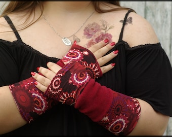 Cuffs arm cuffs hand cuffs reversible cuffs on both sides red mandala polar fleece patchwork mandala hand warmers soft warm cuddly